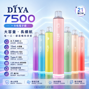 DIYA 拋棄式 7500口 13mL 1.2Ω網狀芯 Type-C可充電